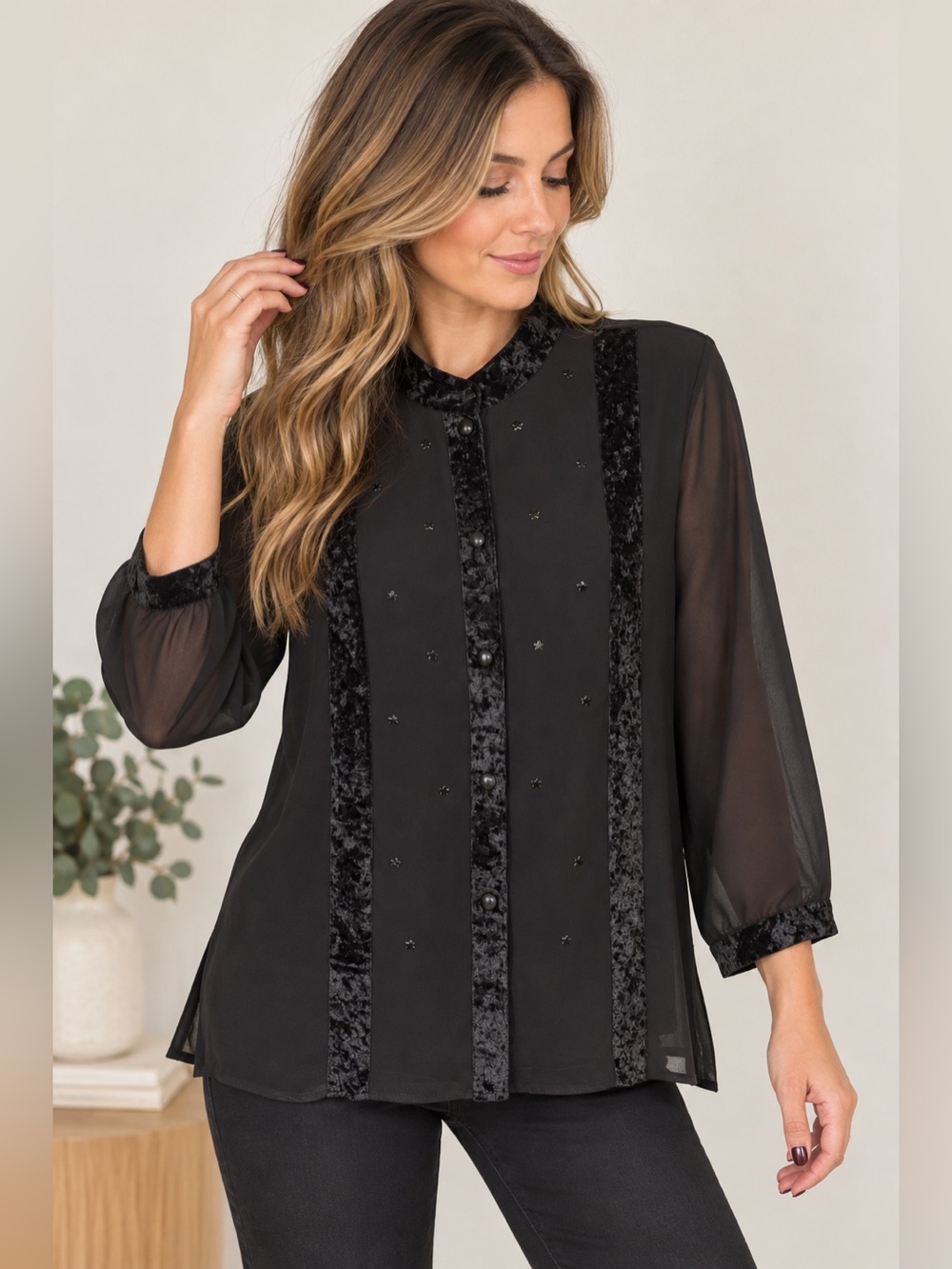 Vintage Amyjess Black Sheer Velvet Trim Embellished Blouse Size L